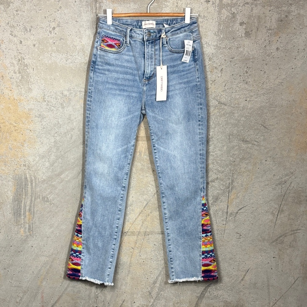 Driftwood Clara Ankle Embroidered Aztec Jeans Bootcut Frayed Hem - Picture 2 of 11